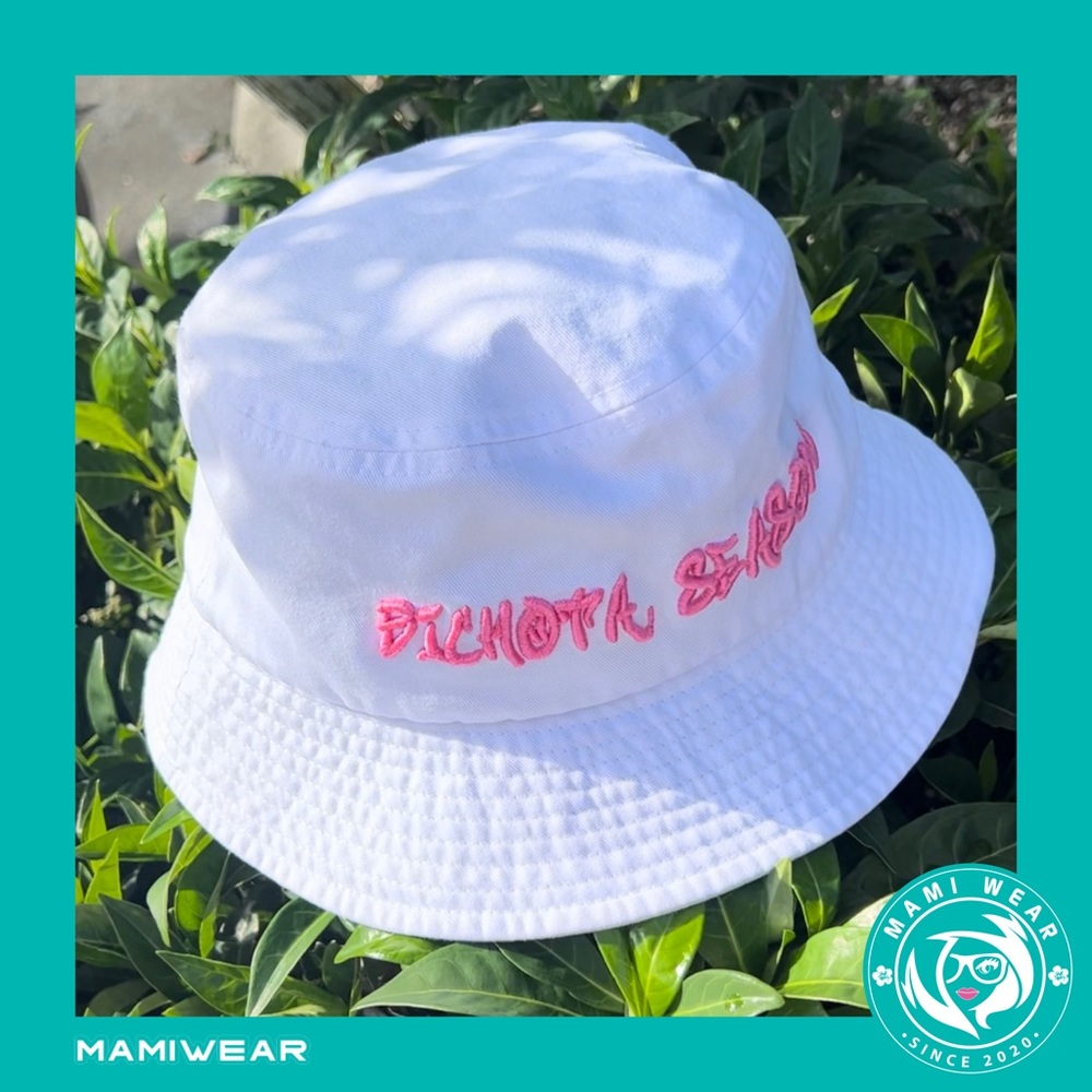 Karol G Bichota Season White Bucket Hat with Pink Letters